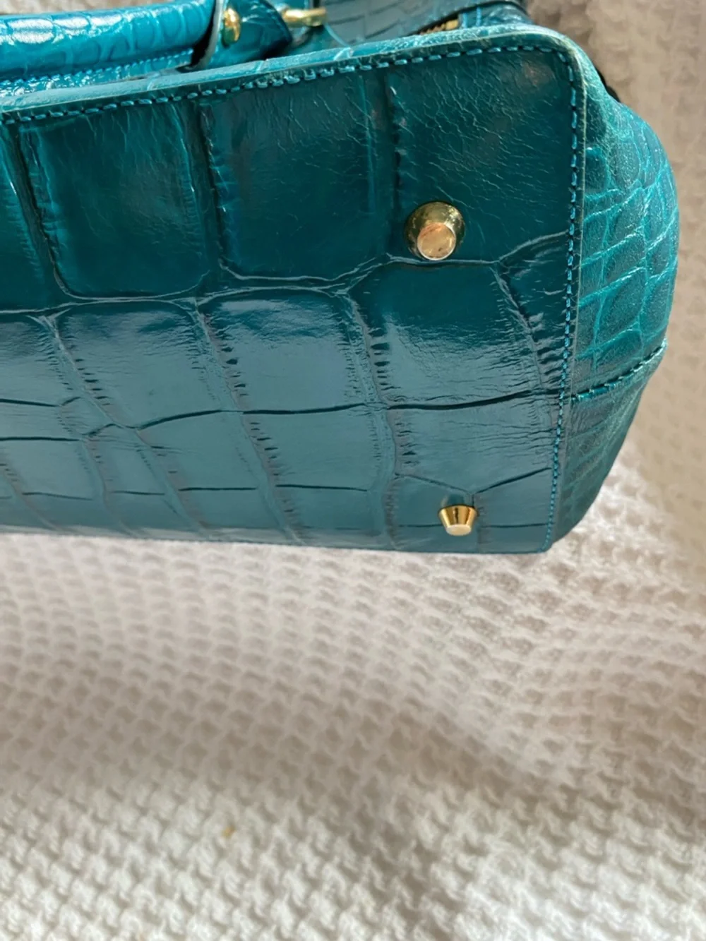 Modalu Teal Leather Croc-Embossed Satchel with Gold Hardware
